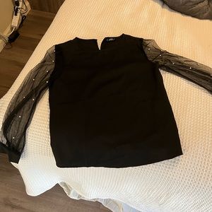 Large Shein Black Blouse with Mesh Sleeves with Pearls